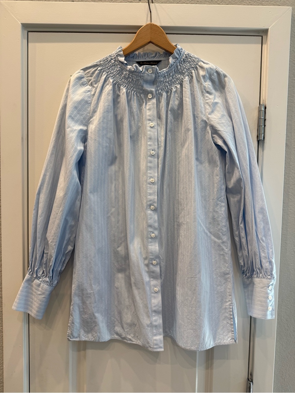 Brooks Brothers Light Blue Striped Smocked Yoke Button-Front Top